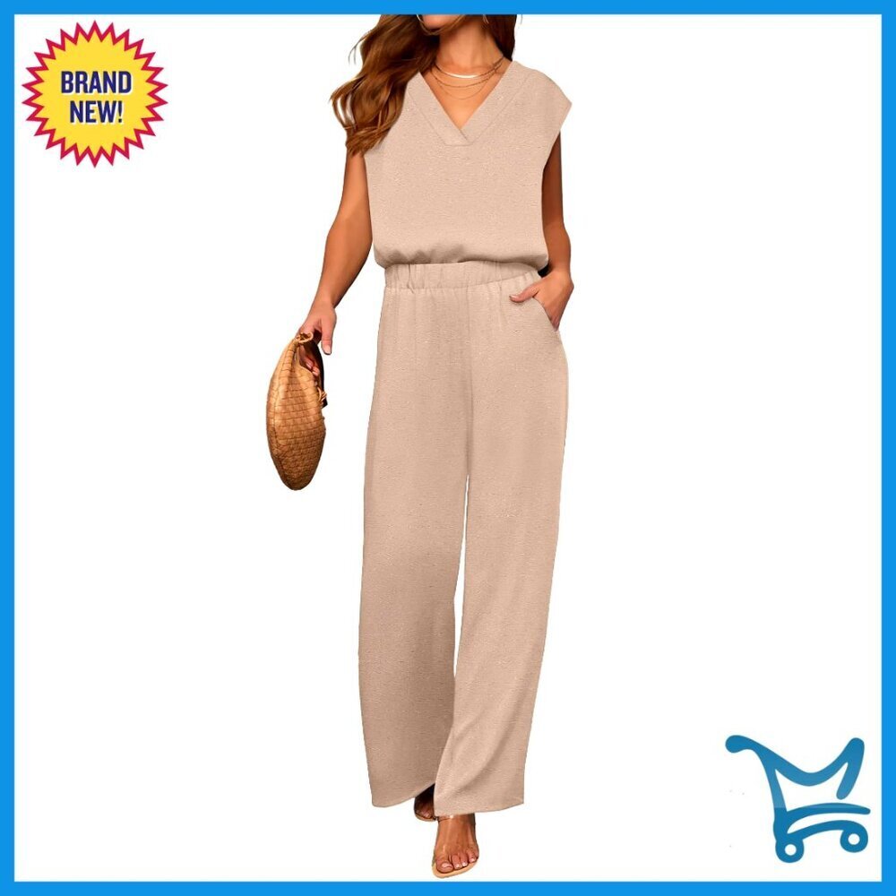 V-Neck Cap Sleeve Top Wide Leg Pants Lounge Set Loose Fit Travel Outfit